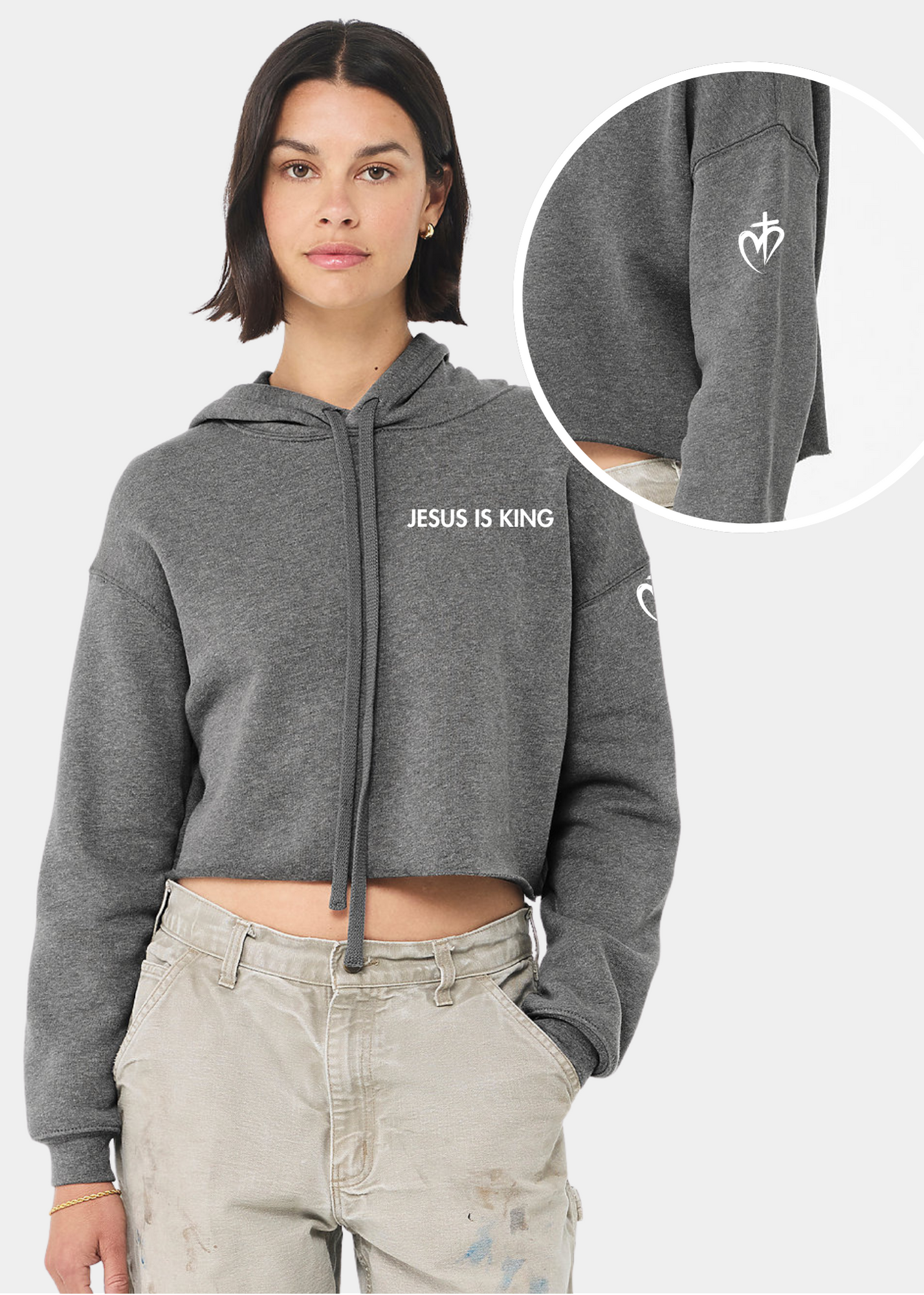 Women's Cropped Fleece Hoodie - Deep Heather + White Print