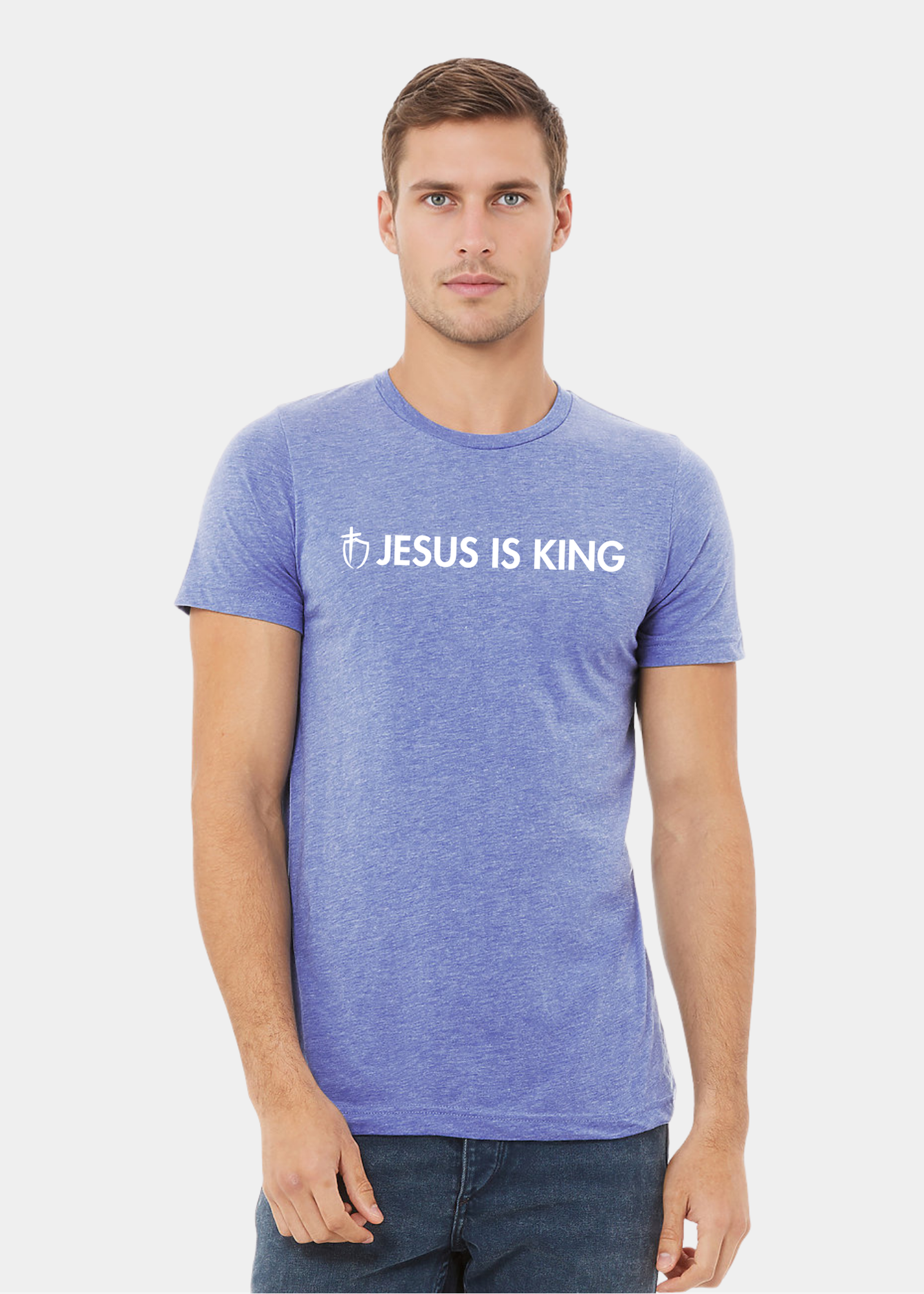 Men's Triblend Short Sleeve Tee - Light Blue with White Text