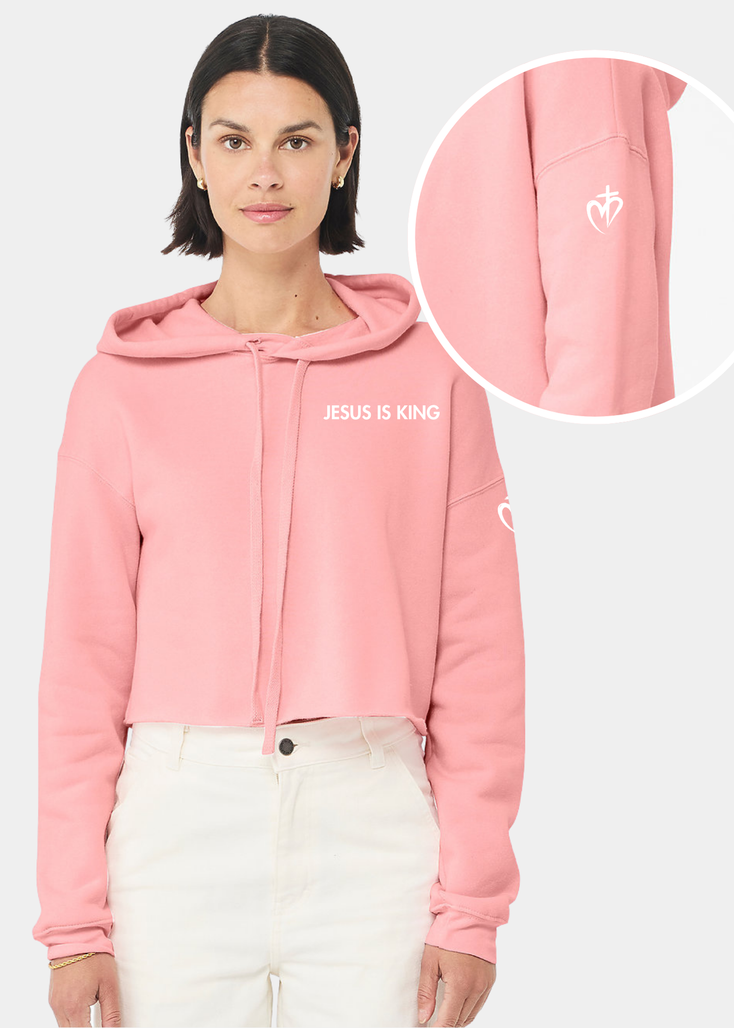 Women's Cropped Fleece Hoodie - Pink + White Print