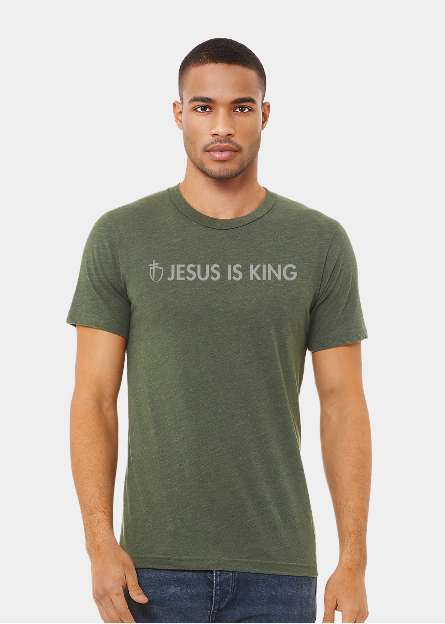 Men's Triblend Short Sleeve Tee - Military Green with Gray Text