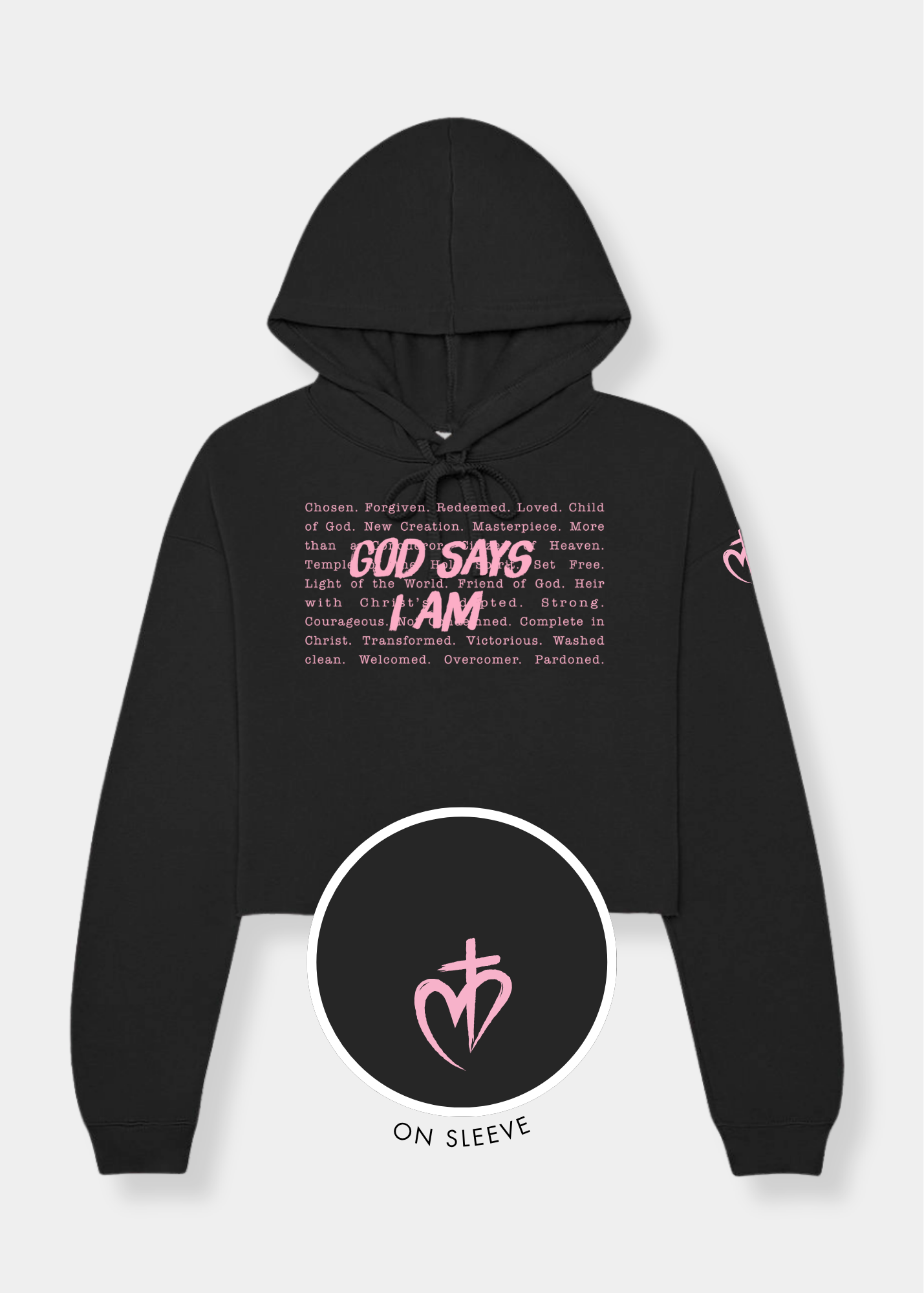 Women's Cropped Fleece Hoodie - Black + Pink Print