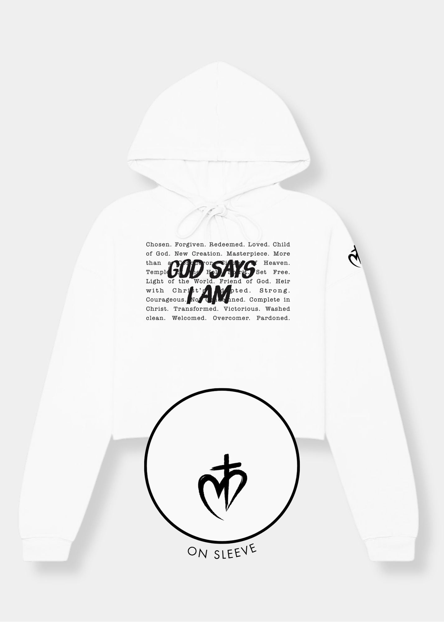 Women's Cropped Fleece Hoodie - White + Black Print