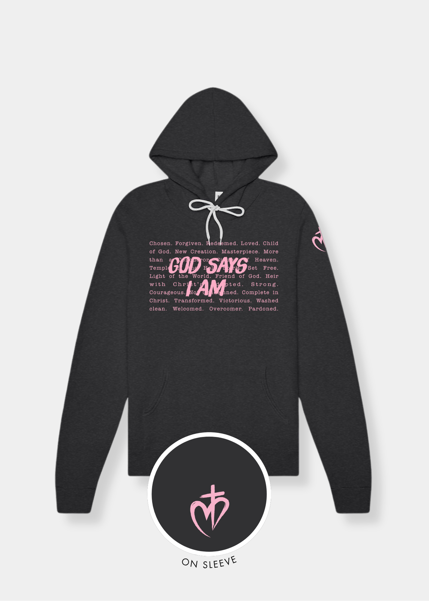 Sponge Fleece Pullover Hoodie - Dark Grey Heather + Pink Print