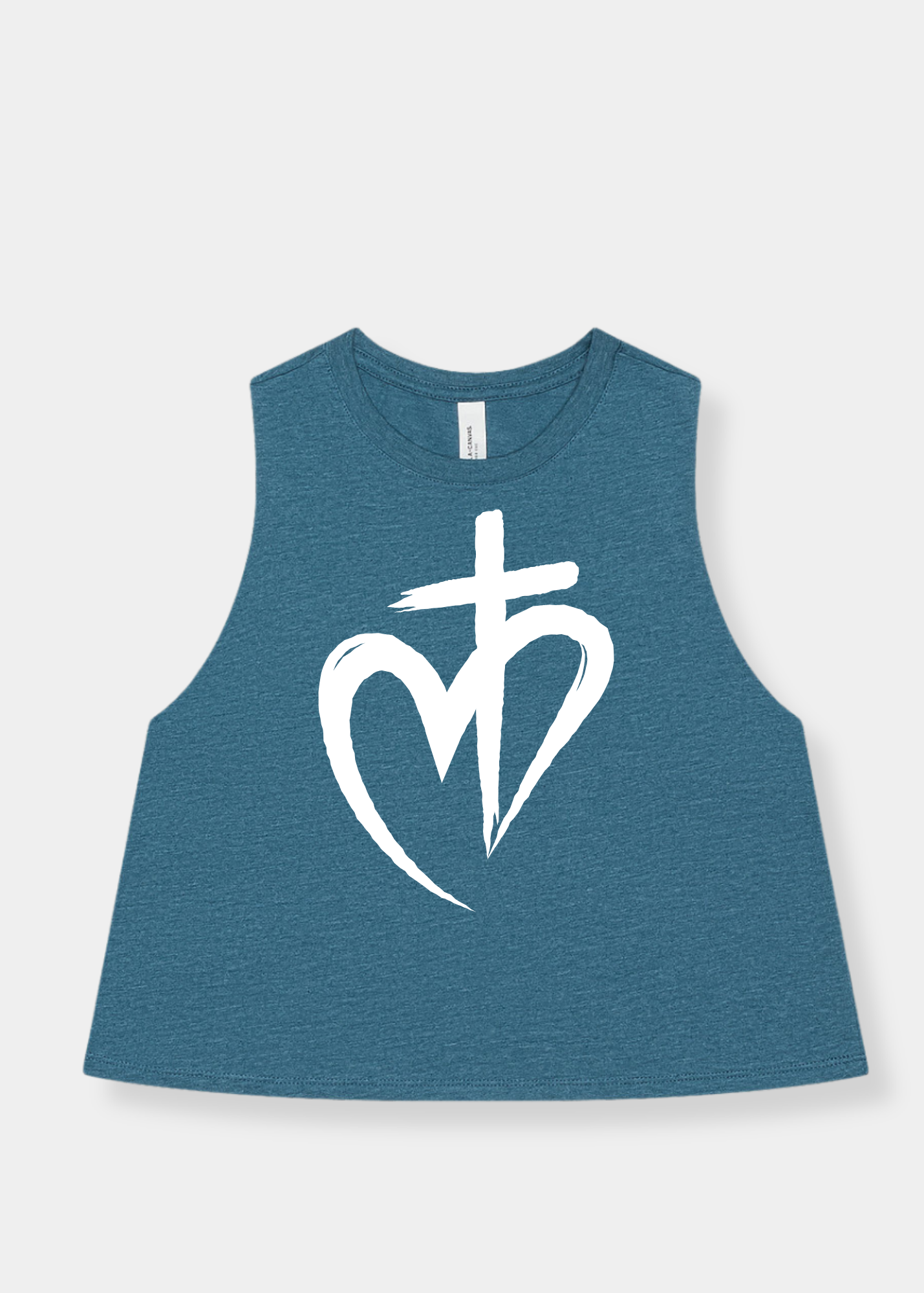 Women's Racerback Cropped Tank - Heather Deep Teal + White Print