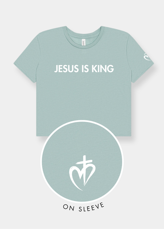 Women's Flowy Cropped Tee - Dusty Blue + White Print