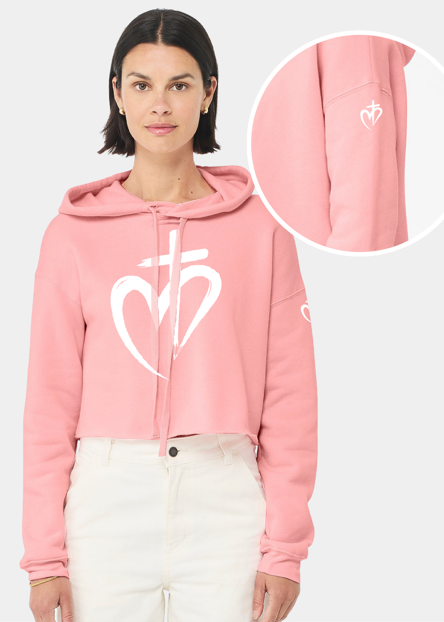 Women's Cropped Fleece Hoodie - Pink + White Print