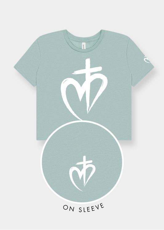 Women's Flowy Cropped Tee - Dusty Blue + White Print