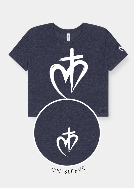 Women's Flowy Cropped Tee - Heather Navy + White Print