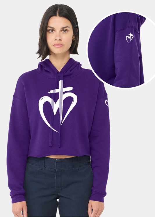 Women's Cropped Fleece Hoodie - Purple + White Print