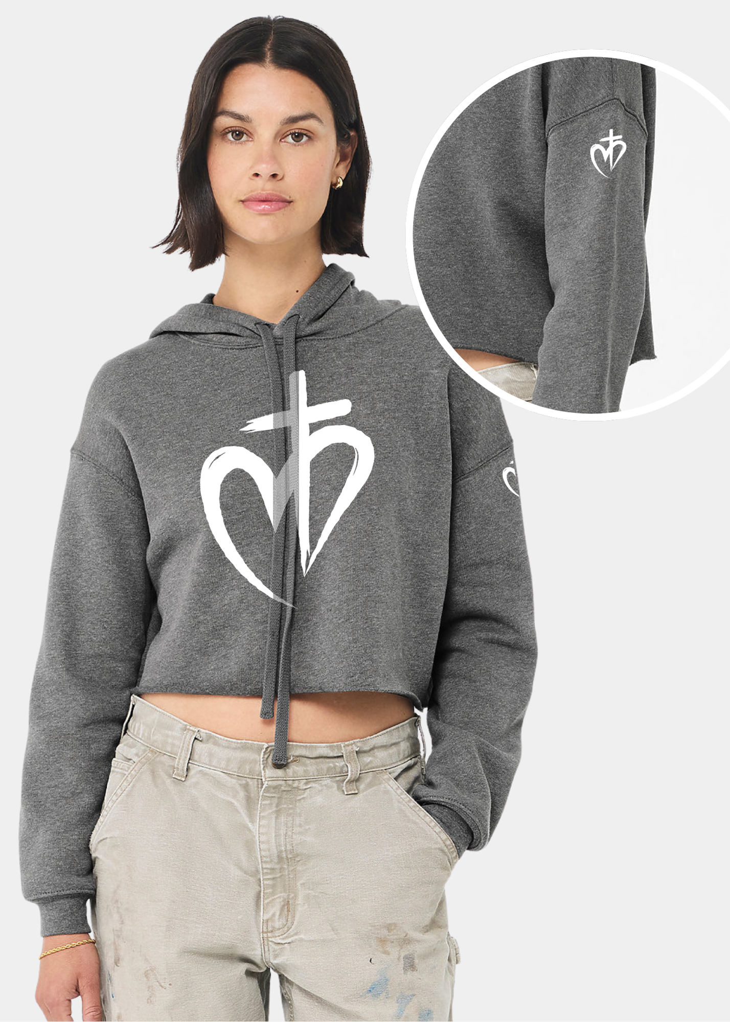 Women's Cropped Fleece Hoodie - Deep Heather + White Print