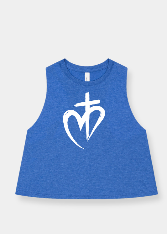 Women's Racerback Cropped Tank - Heather Royal + White Print