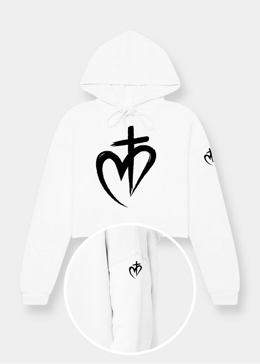 Women's Cropped Fleece Hoodie - White + Black Print