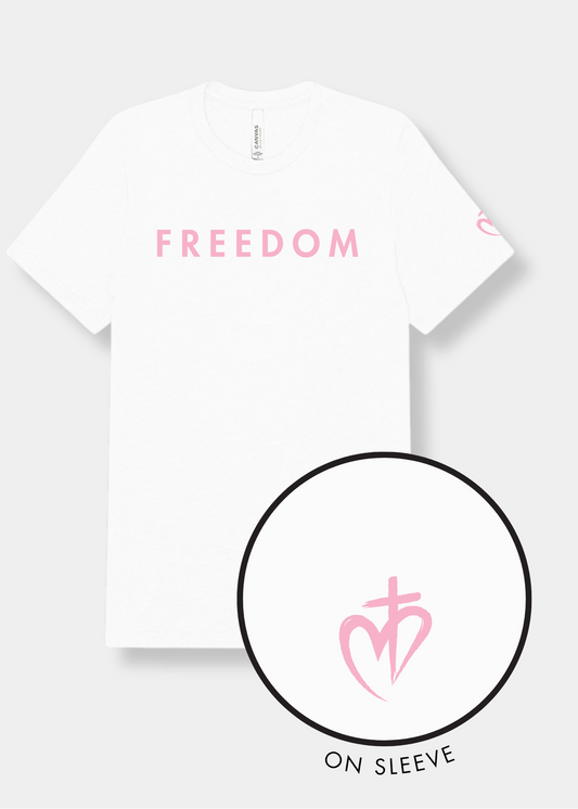 Freedom Unisex Triblend Tee - Solid White + Pink Print