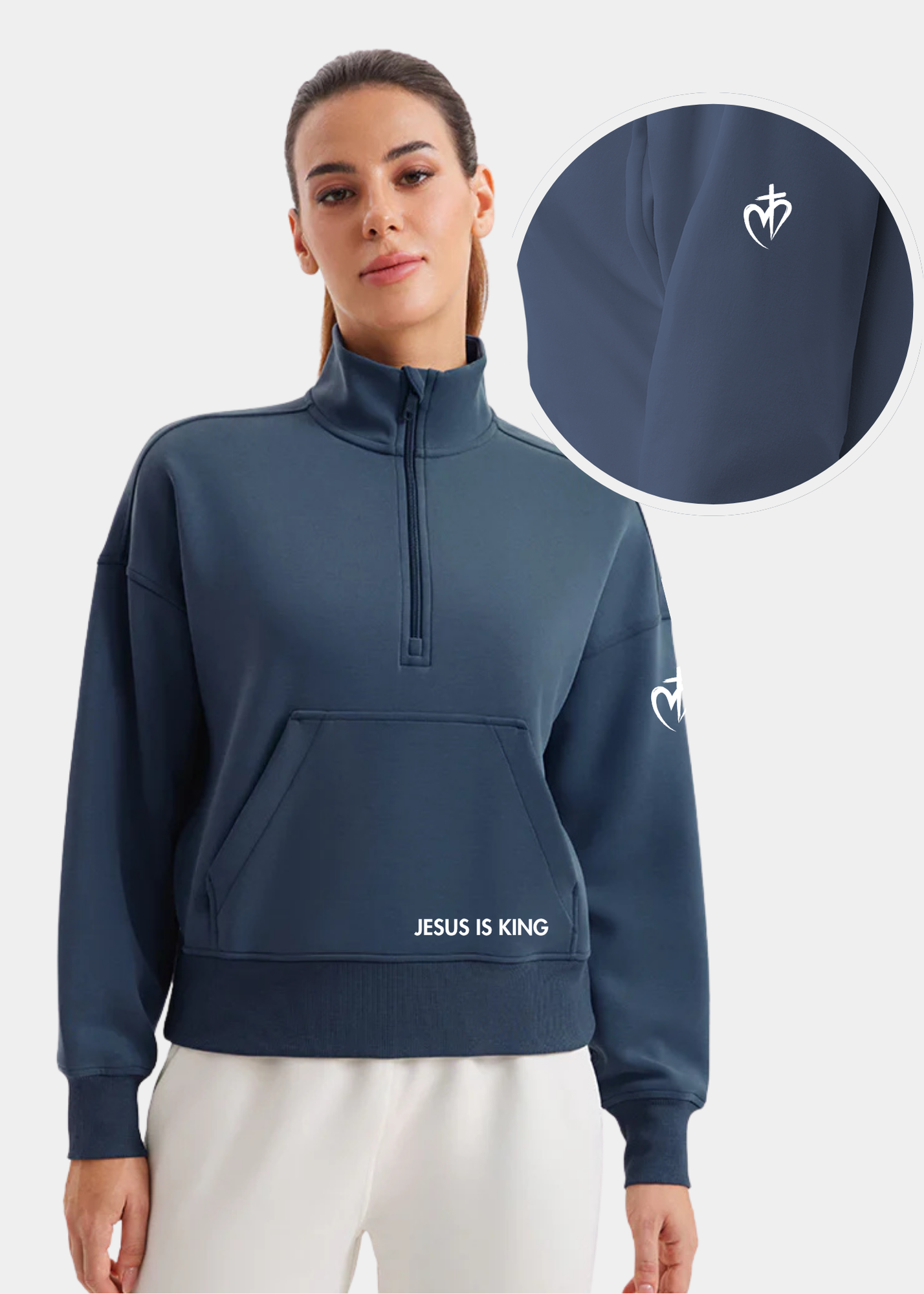 SoftAura Half Zip Pullover Sweatshirt - Ink Blue + White Print