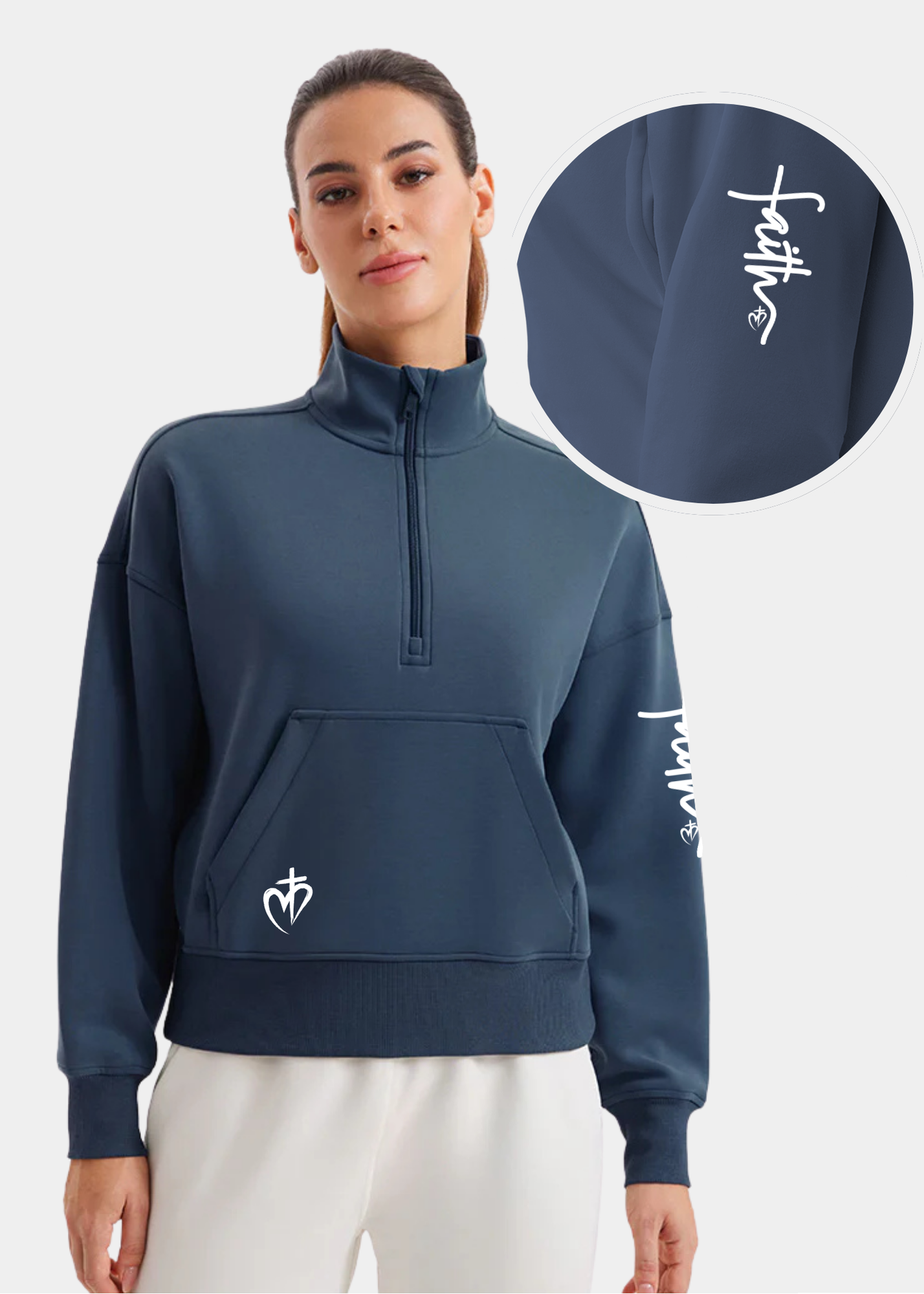 SoftAura Half Zip Pullover Sweatshirt - Ink Blue + White Print