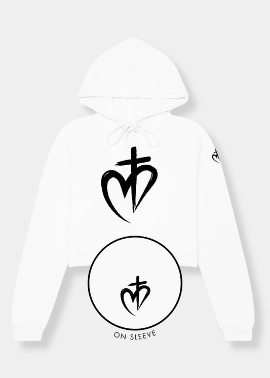 Women's Cropped Fleece Hoodie - White + Black Print