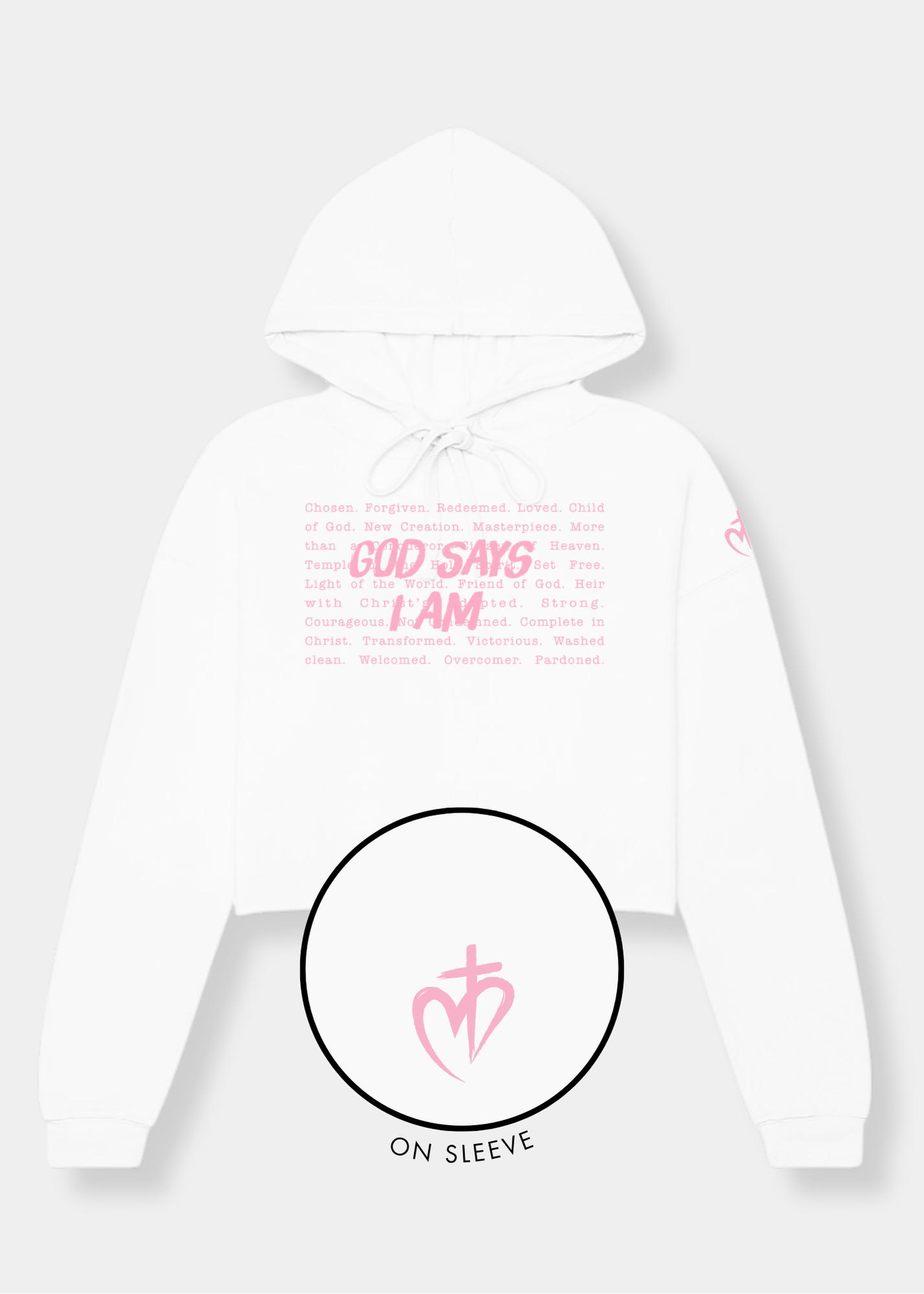 Women's Cropped Fleece Hoodie - White + Pink Print