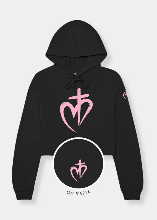 Women's Cropped Fleece Hoodie - Black + Pink Print