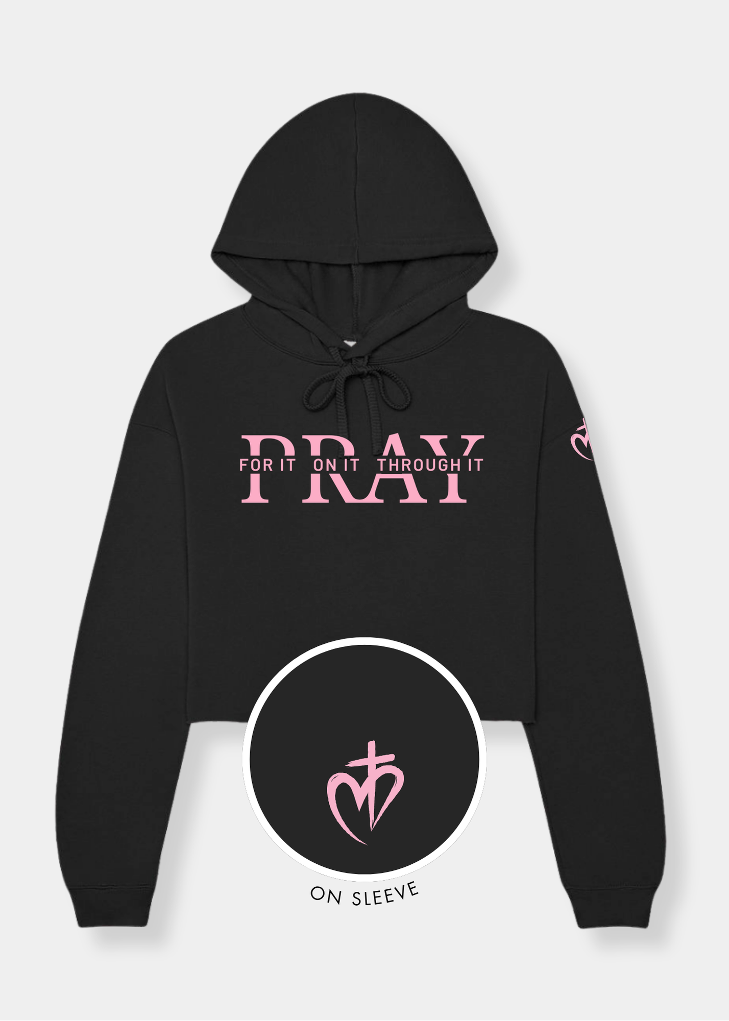 Women's Cropped Fleece Hoodie - Black + Pink Print
