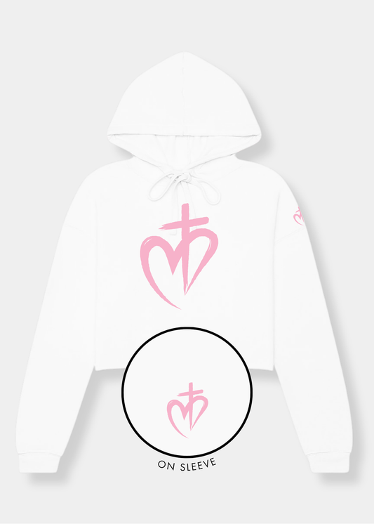 Women's Cropped Fleece Hoodie - White + Pink Print