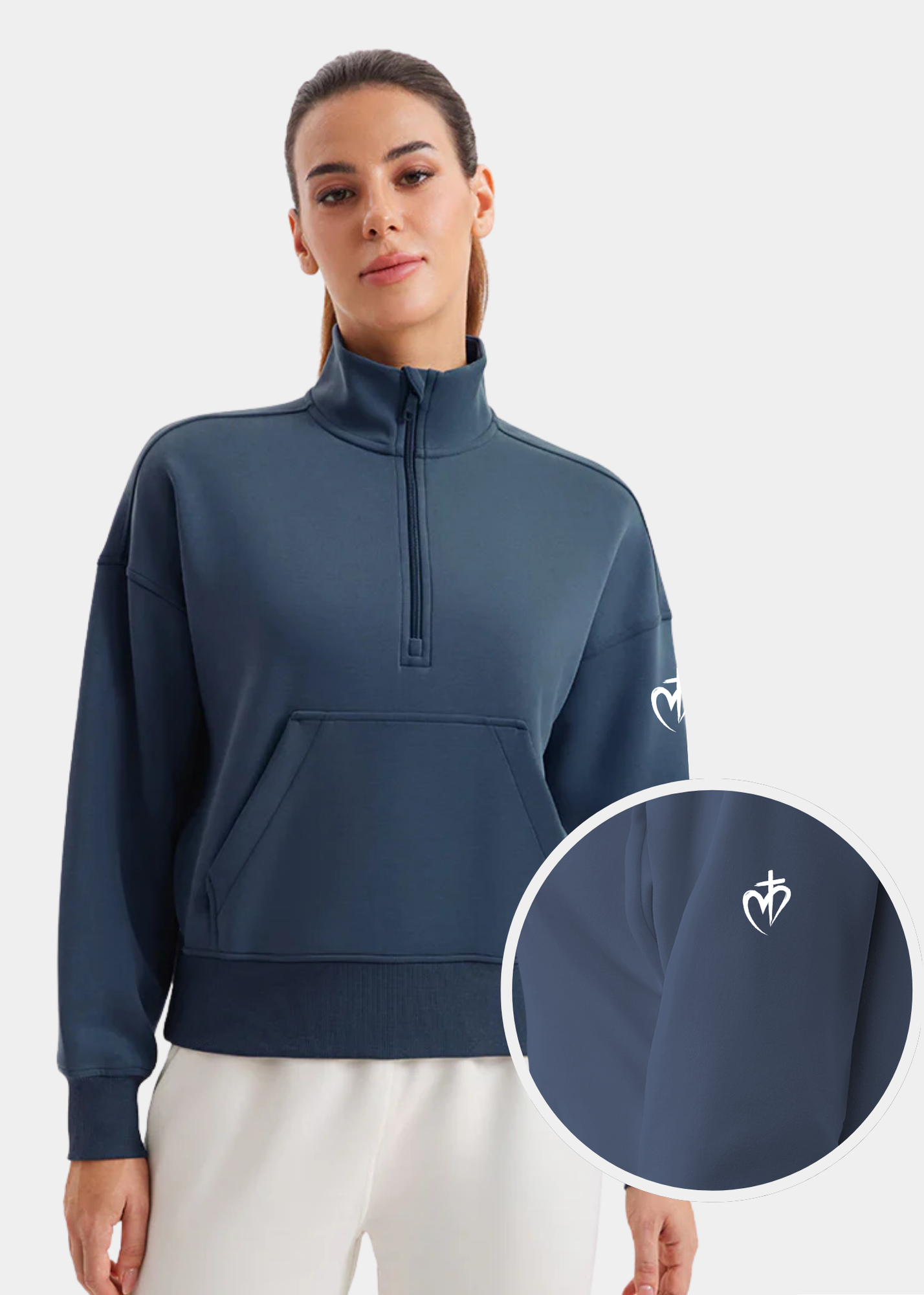 SoftAura Half Zip Pullover Sweatshirt - Ink Blue + White Print