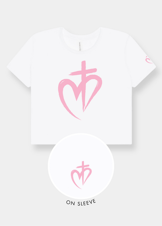 Women's Flowy Cropped Tee - White + Pink Print