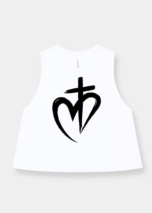 Women's Racerback Cropped Tank - White + Black Print