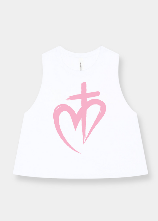 Women's Racerback Cropped Tank - White + Pink Print