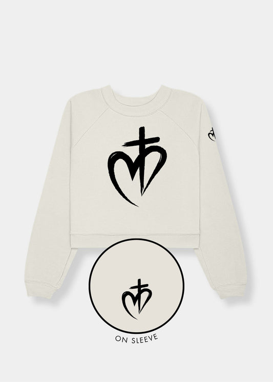 Women's Raglan Pullover Fleece - Vintage White + Black Print