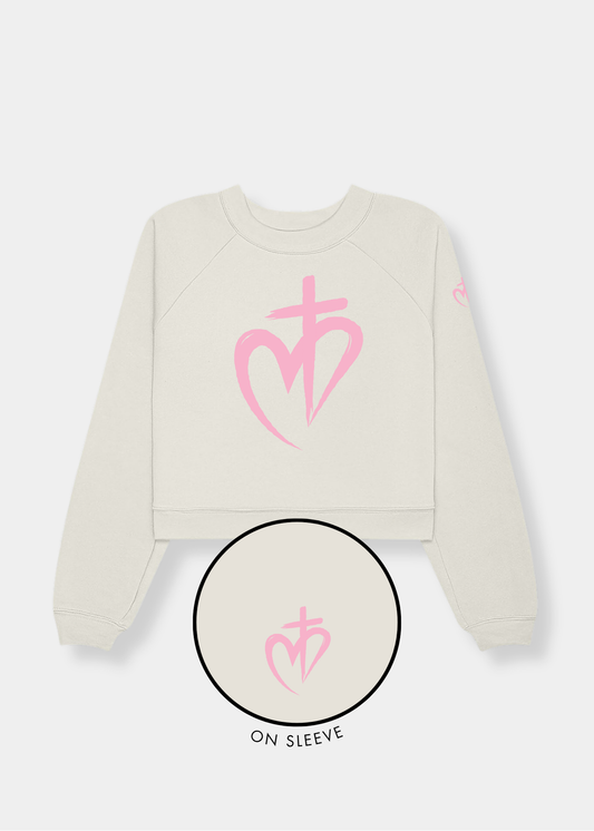 Women's Raglan Pullover Fleece - Vintage White + Pink Print
