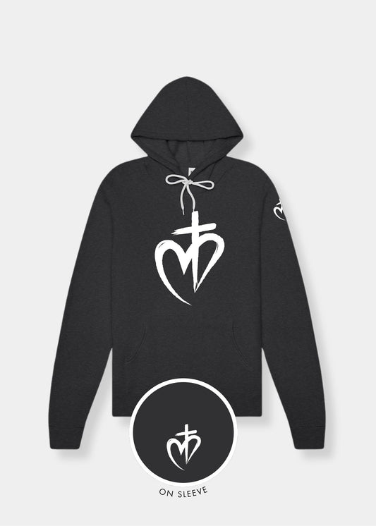 Sponge Fleece Pullover Hoodie - Dark Grey Heather + White Print