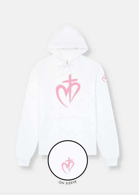 Sponge Fleece Pullover Hoodie - White + Pink Print
