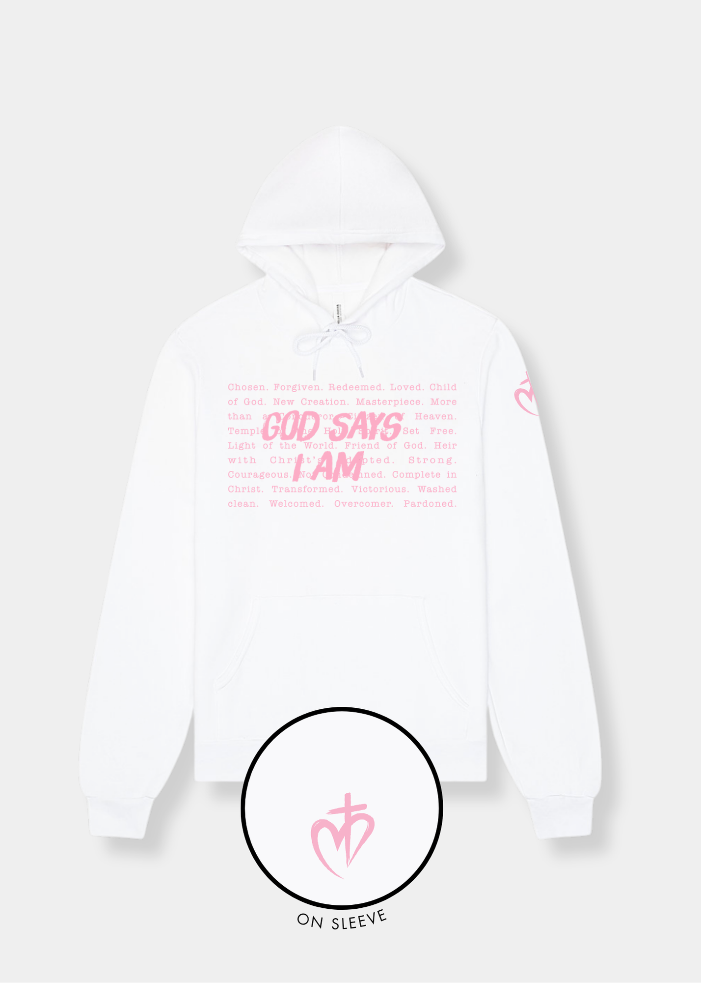Sponge Fleece Pullover Hoodie - White + Pink Print