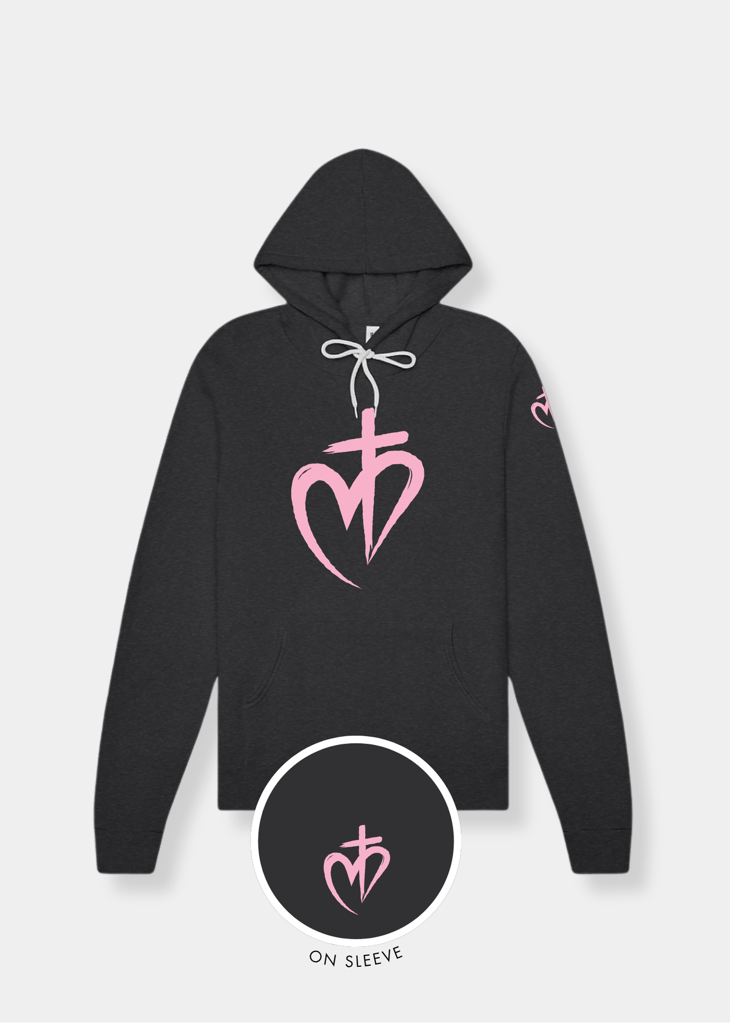Sponge Fleece Pullover Hoodie - Dark Grey Heather + Pink Print