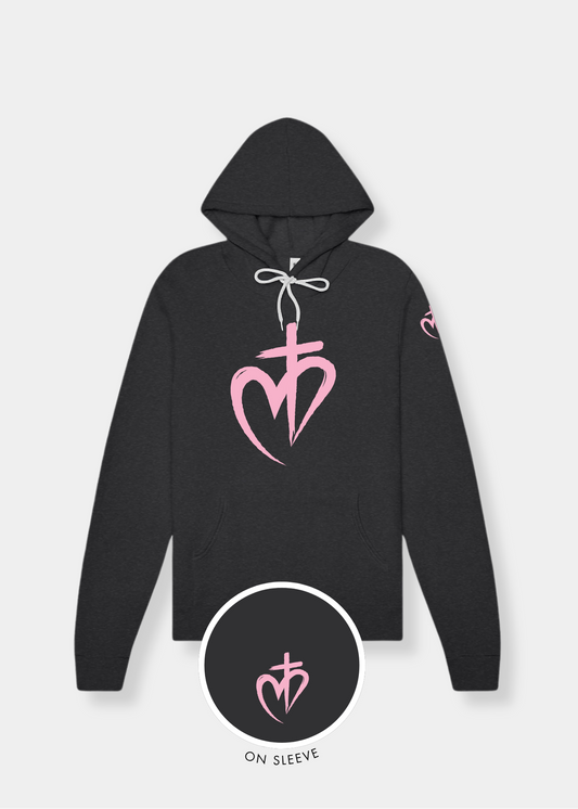 Sponge Fleece Pullover Hoodie - Dark Grey Heather + Pink Print