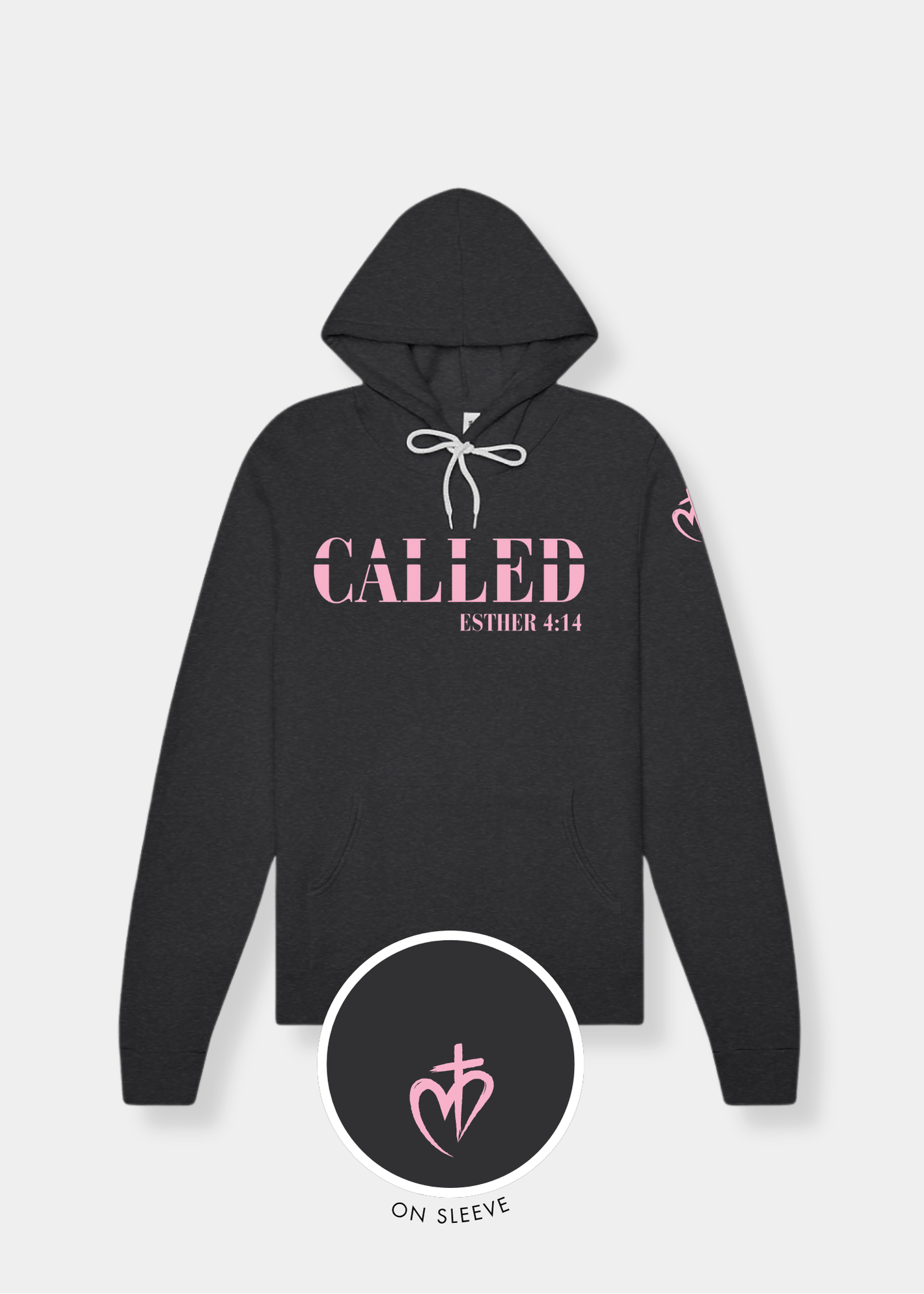 Sponge Fleece Pullover Hoodie - Dark Grey Heather + Pink Print