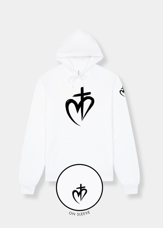 Sponge Fleece Pullover Hoodie - White + Black Print
